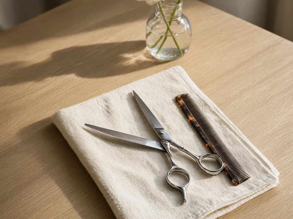 Open steel hair shears and a tortoiseshell comb on a linen towel beside a small vase of white ranunculus