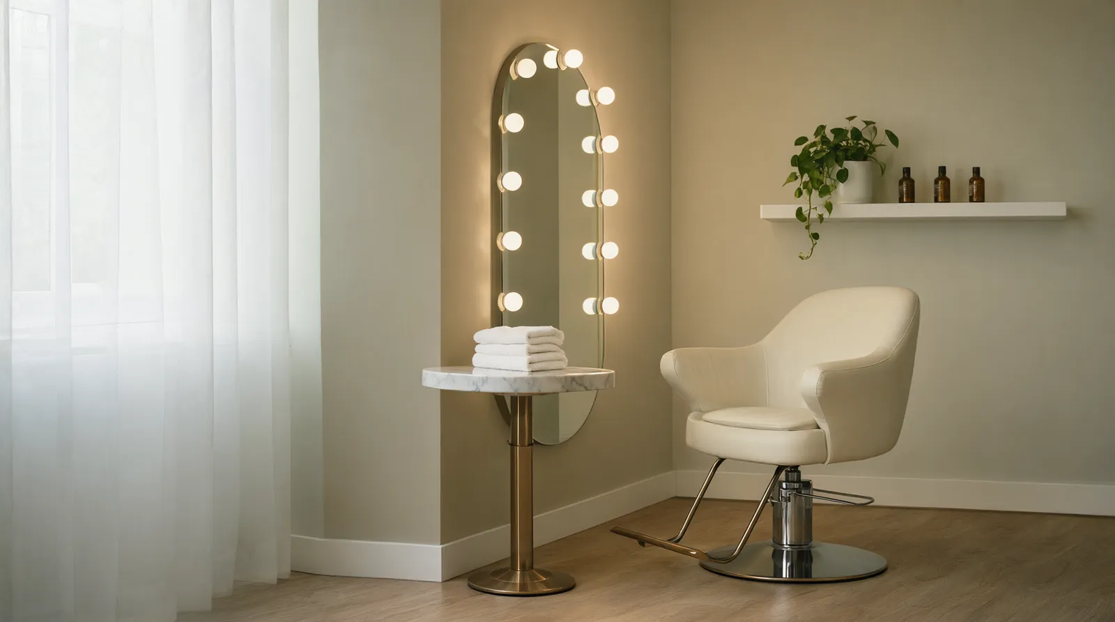 A cream leather styling chair beside an arched mirror ringed with warm bulbs, a pothos plant on a white shelf and sheer curtains
