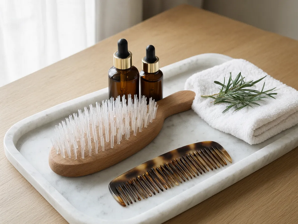 A scalp brush, two amber dropper bottles, a tortoiseshell comb and a sprig of rosemary on a white marble tray