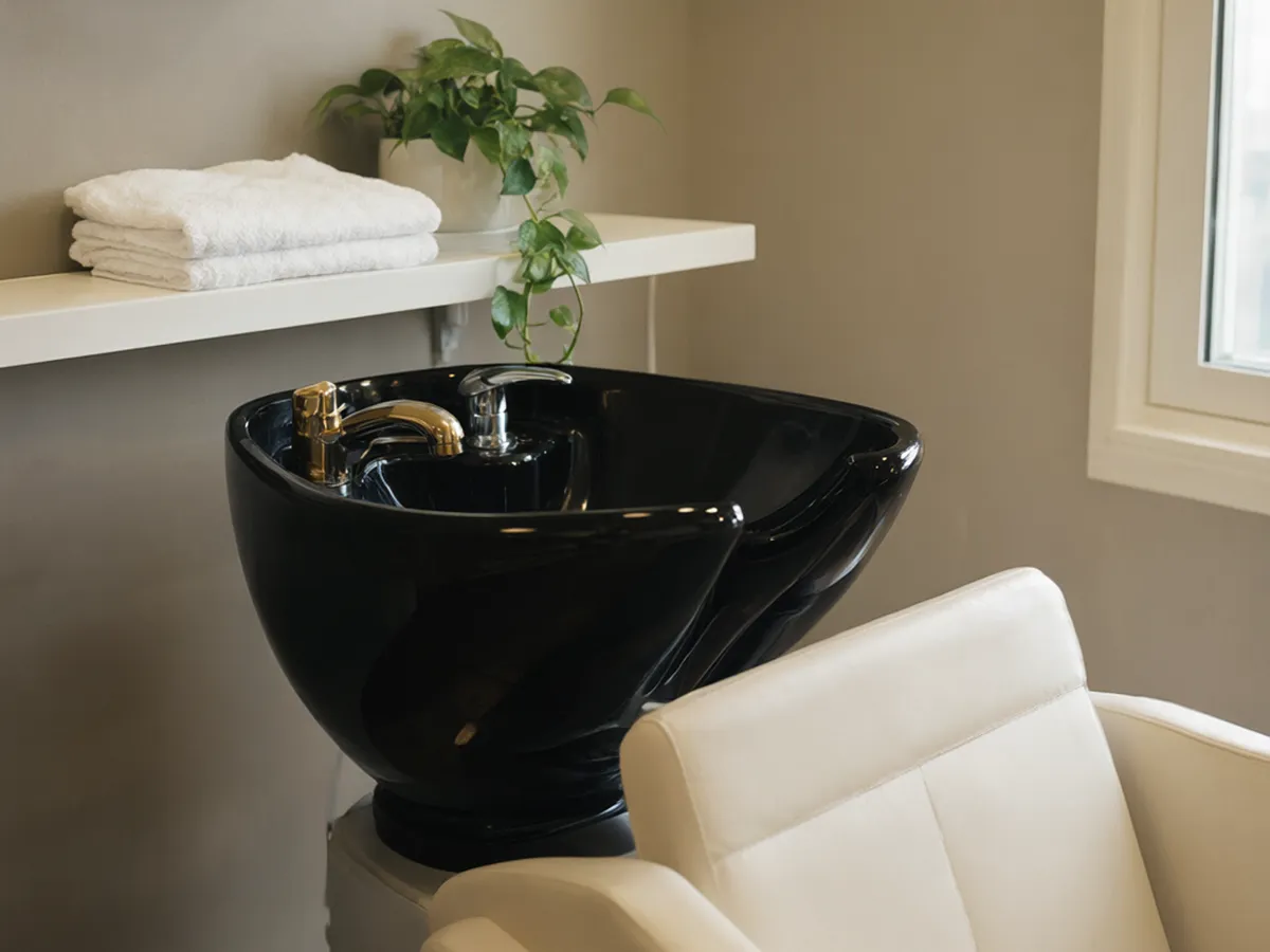 A glossy black shampoo bowl with brass taps behind a cream leather shampoo chair, folded towels on a shelf above